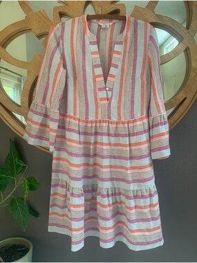 Boden 100% Linen Striped V-Neck Tunic/Dress in Pink, Coral & Blue sz4